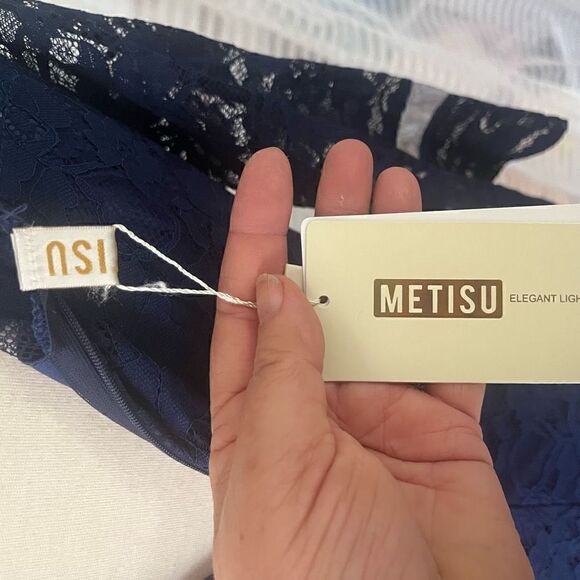 NWT Metisu Blue Lace Cutout Sheath Midi Dress Women’s Large - Picture 6 of 7